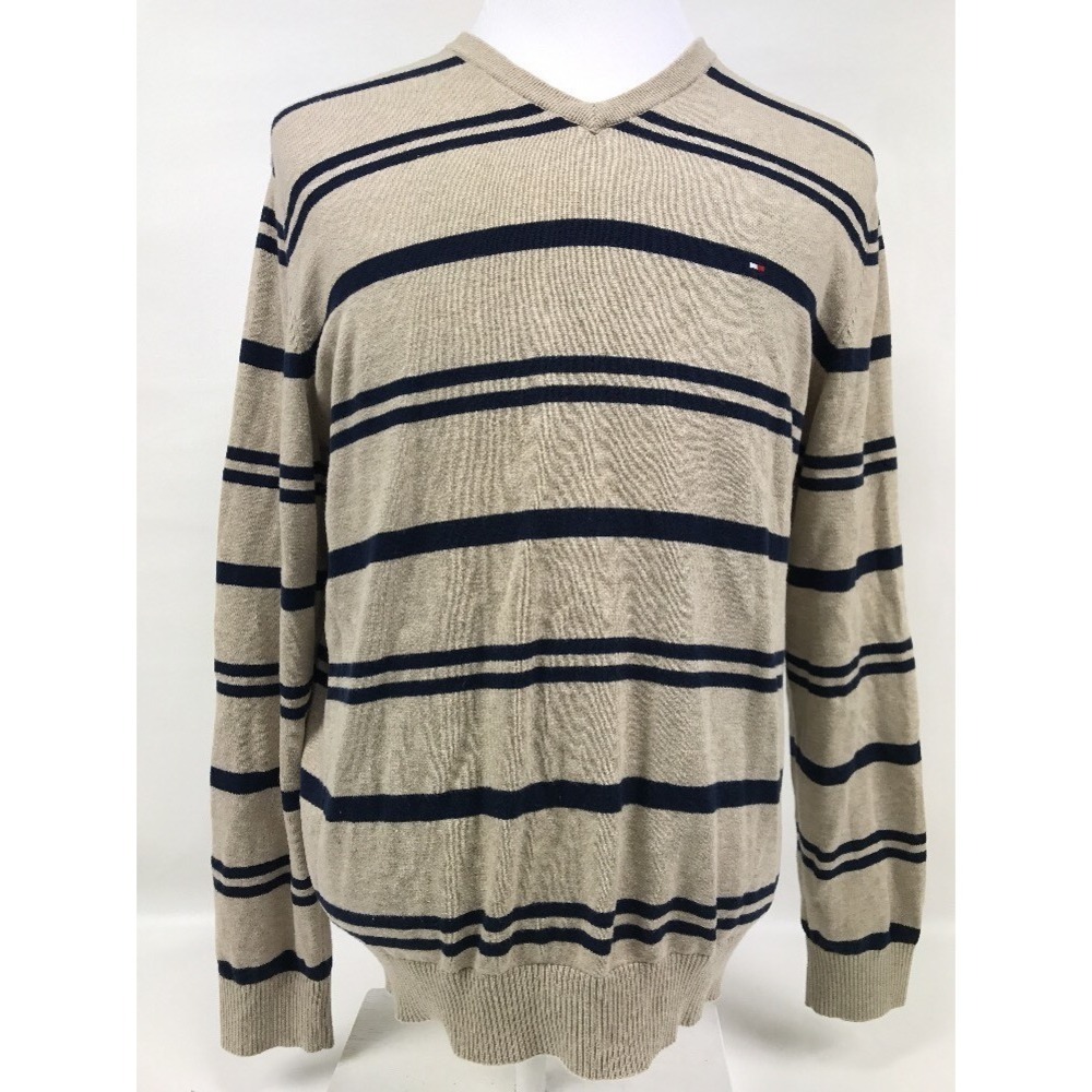 Tommy Hilfiger Mens Size L V Neck Sweater Brown Striped Long Sleeve 100% Cotton